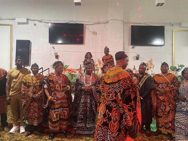 The esteemed visit of His Majesty, Fon Fomuki of Guneku to Guneku Indigenes, graciously hosted under the cultural canopy of GUDECA-US CHAPTER in 2023. — photograph from the Guneku Fondom archive