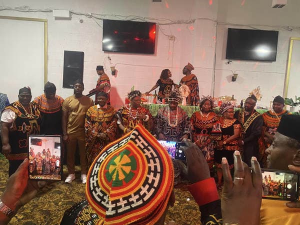 The esteemed visit of His Majesty, Fon Fomuki of Guneku to Guneku Indigenes, graciously hosted under the cultural canopy of GUDECA-US CHAPTER in 2023. — photograph from the Guneku Fondom archive