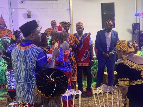 The esteemed visit of His Majesty, Fon Fomuki of Guneku to Guneku Indigenes, graciously hosted under the cultural canopy of GUDECA-US CHAPTER in 2023. — photograph from the Guneku Fondom archive