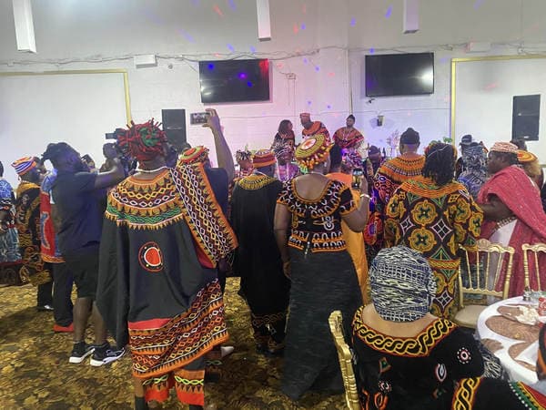 The esteemed visit of His Majesty, Fon Fomuki of Guneku to Guneku Indigenes, graciously hosted under the cultural canopy of GUDECA-US CHAPTER in 2023. — photograph from the Guneku Fondom archive