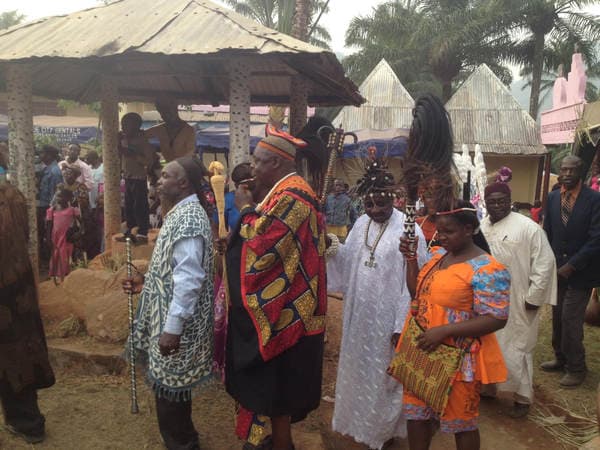 Sons and daughters of Guneku assembled on the palace grounds of the village on 27 February 2015 for the return of HRH Fomuki in younger and energetic clothing. — photograph from the Guneku Fondom archive