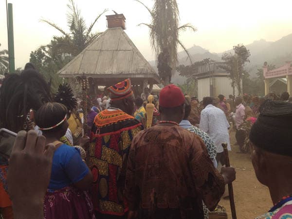 Sons and daughters of Guneku assembled on the palace grounds of the village on 27 February 2015 for the return of HRH Fomuki in younger and energetic clothing. — photograph from the Guneku Fondom archive