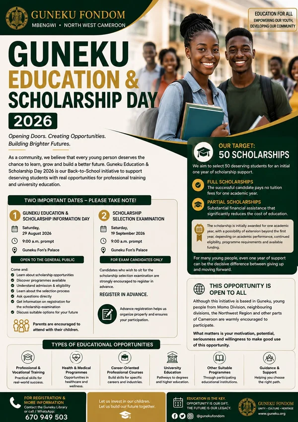 Guneku Education & Scholarship Day 2026 flyer. Information Day Saturday 29 August 2026 and Scholarship Selection Examination Saturday 19 September 2026, both 9:00 a.m. at the Guneku Fon's Palace. Target of 50 scholarships, full and partial.